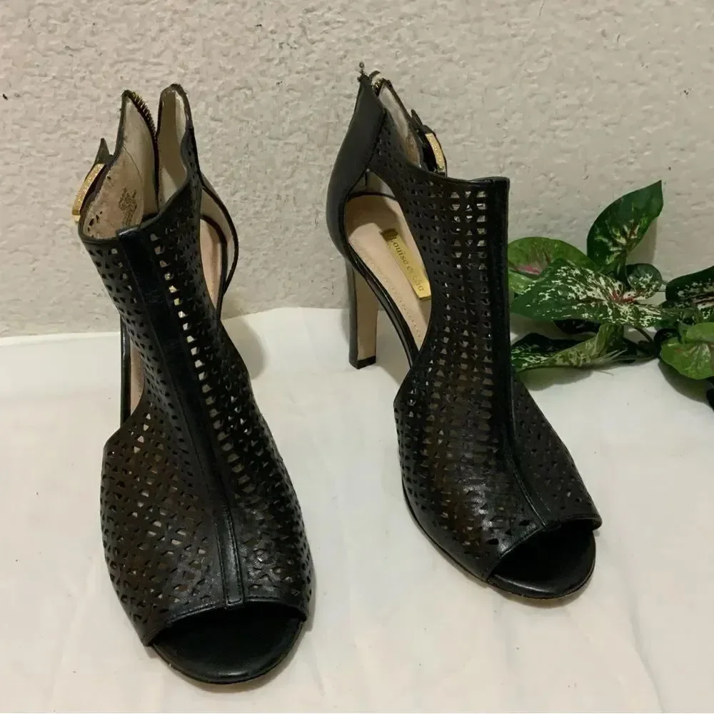 Louise et Cie Women's Black Heels Size 8 Leather Olivia Cut Out Open Toe Peep
